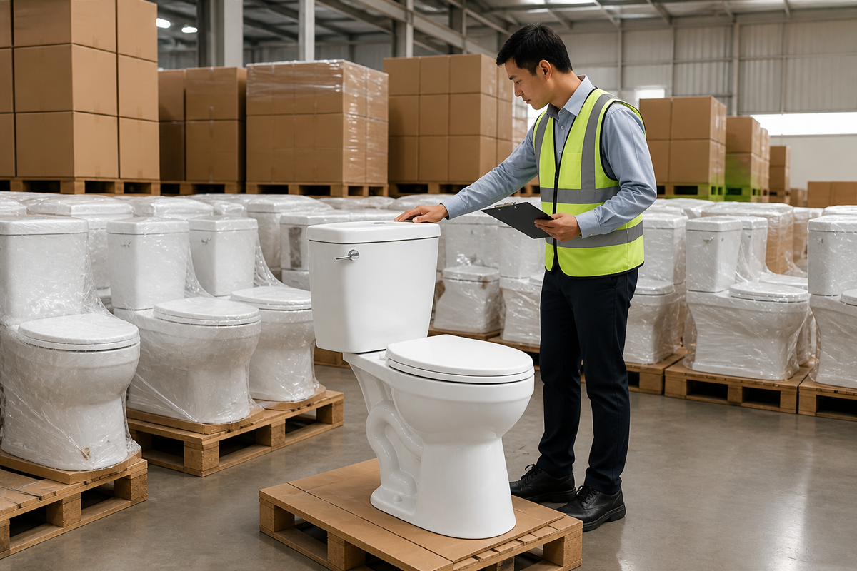Inspector checking bulk apartment toilets staged with protected units and cartons