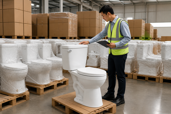 Inspector checking bulk apartment toilets staged with protected units and cartons