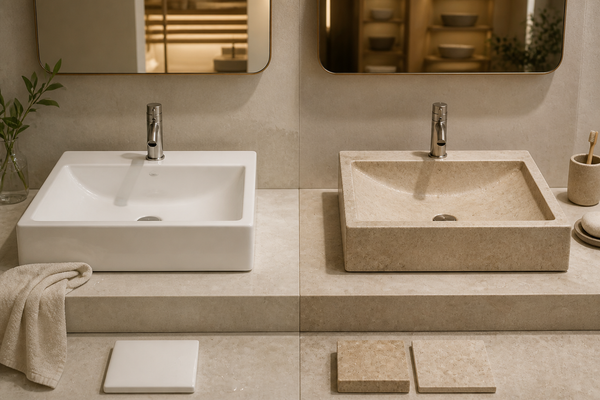 Glossy ceramic and natural-stone bathroom sinks compared side by side