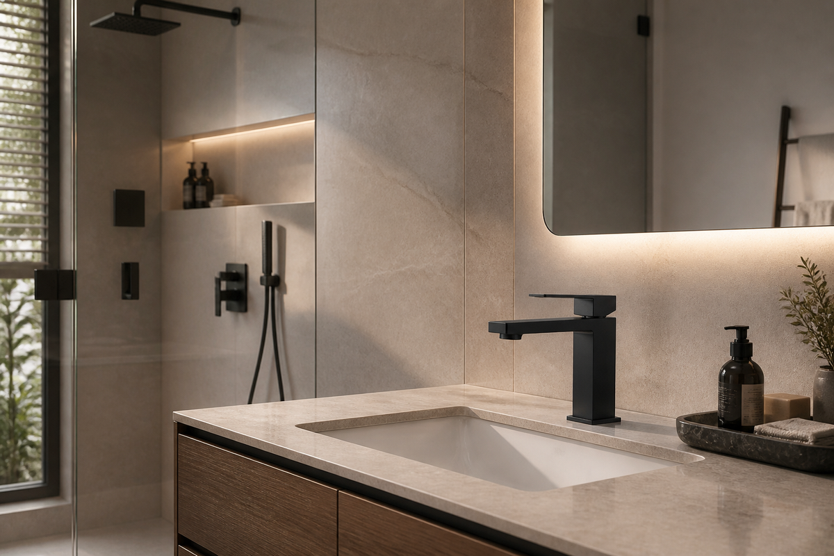 SANIKB FYF-01075 faucet with coordinated matte-black fixtures in an elevated bathroom