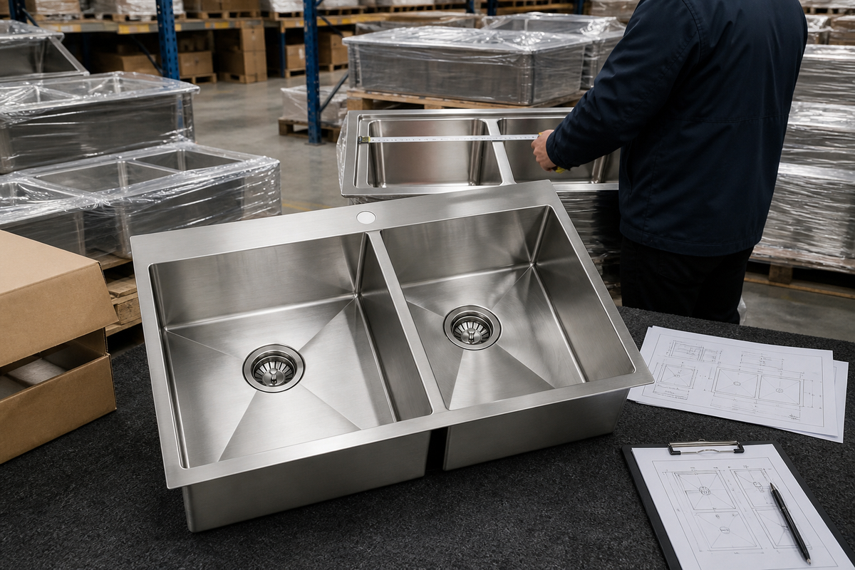 Buyer inspecting bulk double-bowl stainless steel kitchen sinks in a warehouse