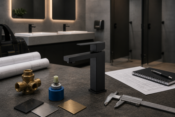 SANIKB FYF-01075 faucet with valve components and finish samples at a spec bench