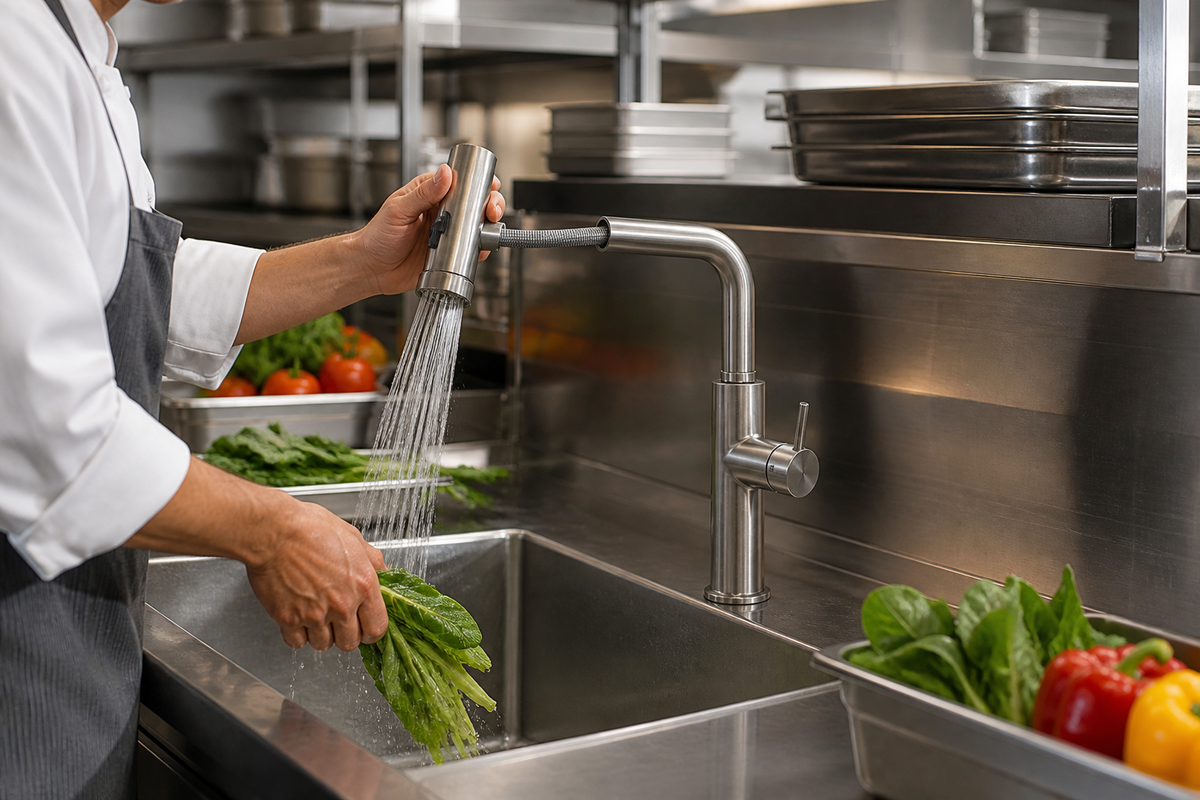 Pull-out stainless steel kitchen faucet in a commercial food-prep station