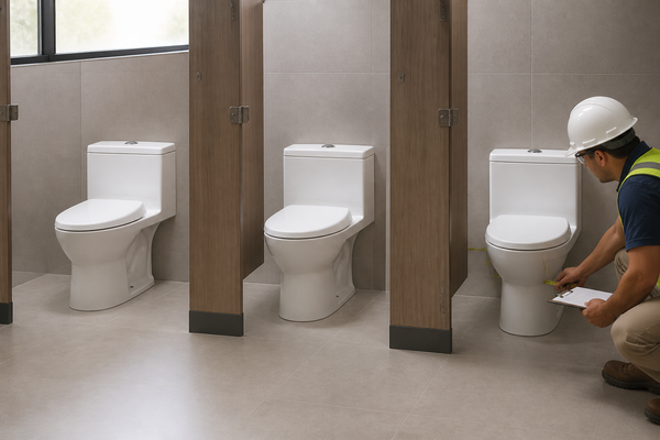 Inspector reviewing identical one-piece commercial toilets with tank-top flush buttons