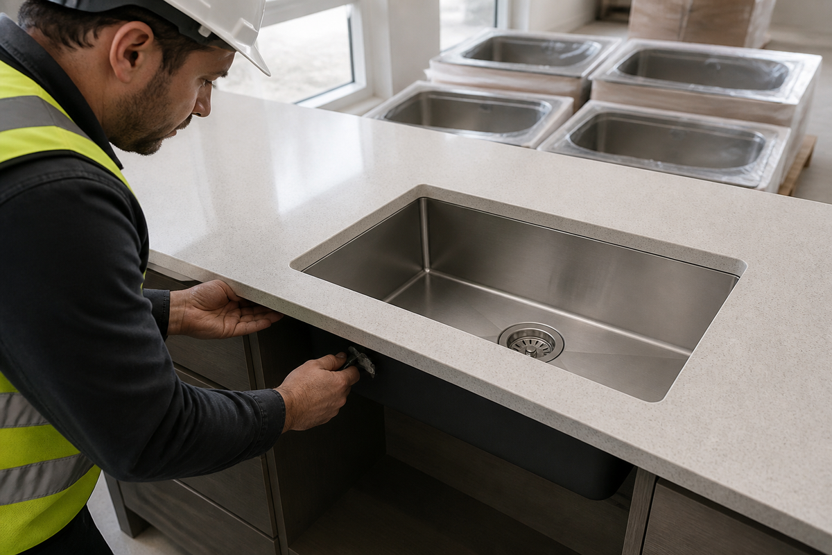 Contractor inspecting an undermount stainless steel kitchen sink and mounting clips
