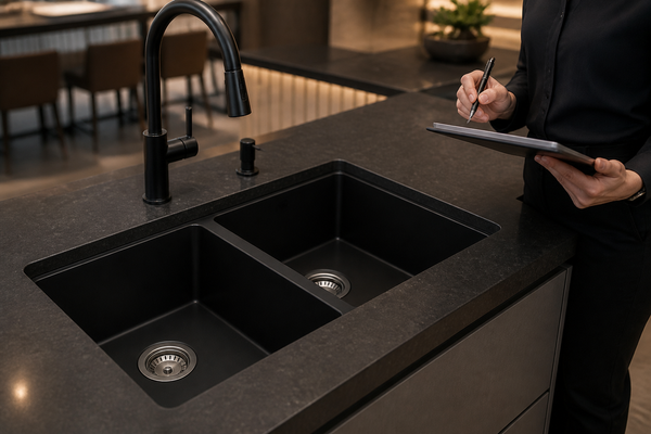 Black double-bowl quartz composite sink in a commercial project kitchen