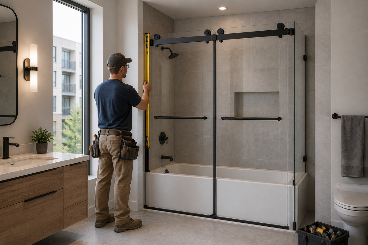 Contractor checking the alignment of black-framed sliding glass shower doors