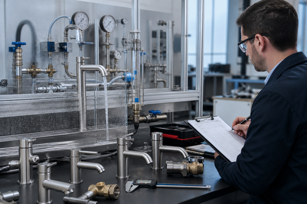 Engineer testing faucet flow, pressure and components in a compliance laboratory
