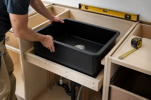 Installer setting a black fireclay farmhouse sink on a reinforced cabinet support frame