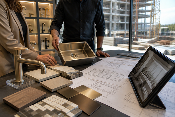 Construction team reviewing plumbing fixtures, plans and finish samples