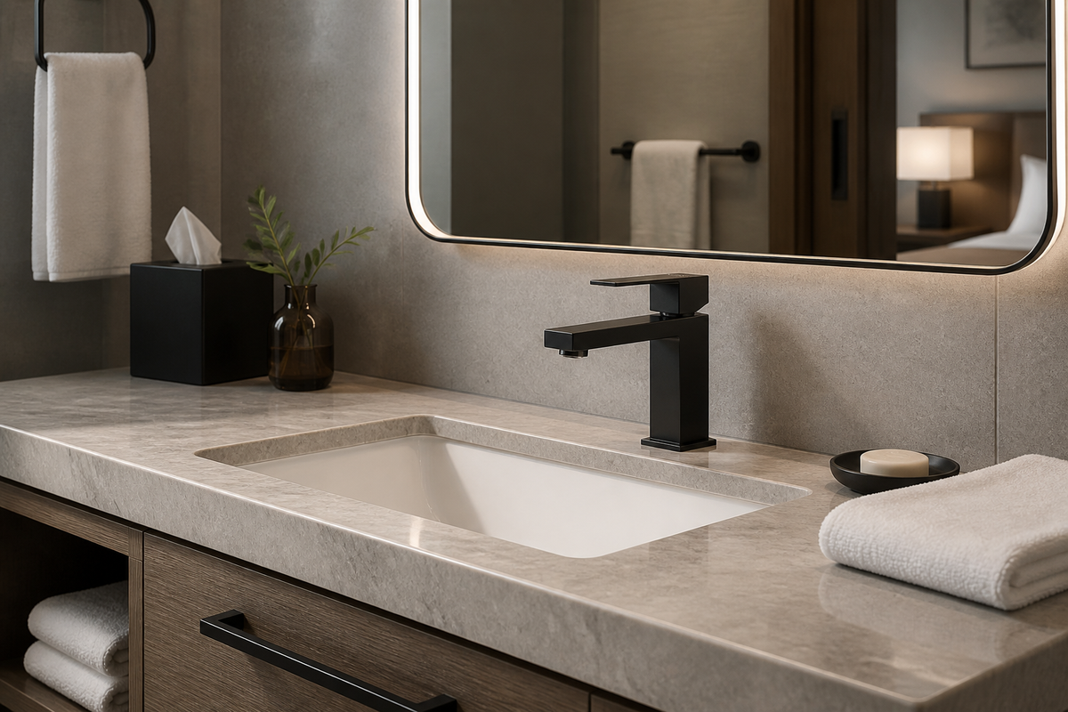 SANIKB FYF-01075 matte-black faucet installed on a hotel guestroom vanity