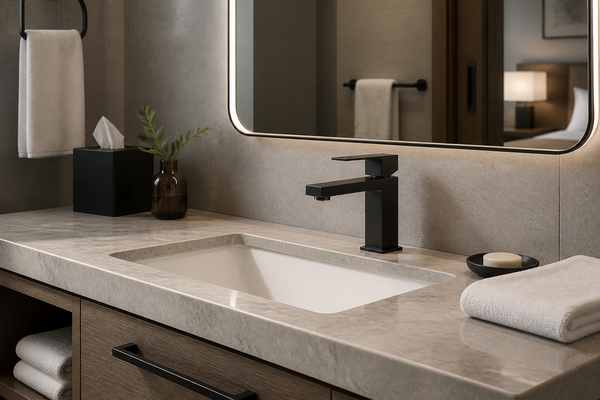 SANIKB FYF-01075 matte-black faucet installed on a hotel guestroom vanity