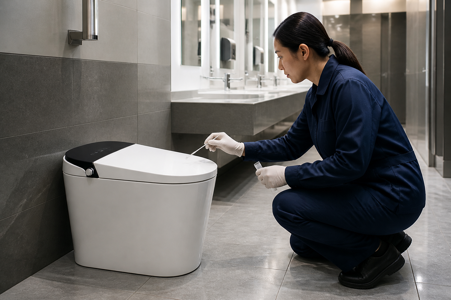Facilities professional testing a SANIKB G7 smart toilet in a commercial restroom