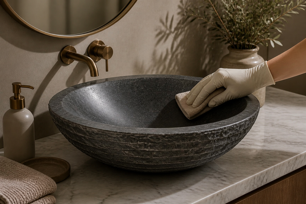 Gloved hand cleaning and sealing a dark natural stone vessel sink