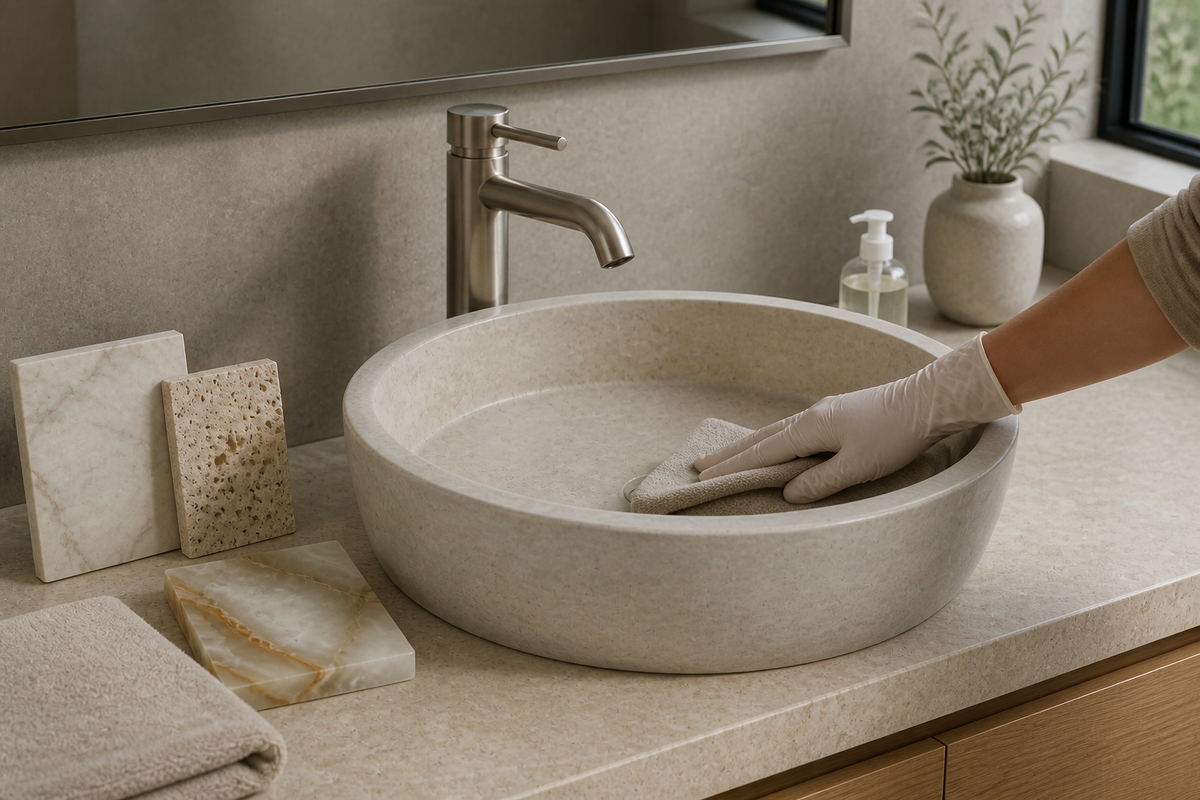 Gloved hand cleaning a natural-stone basin beside marble, travertine and onyx samples