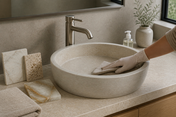 Gloved hand cleaning a natural-stone basin beside marble, travertine and onyx samples