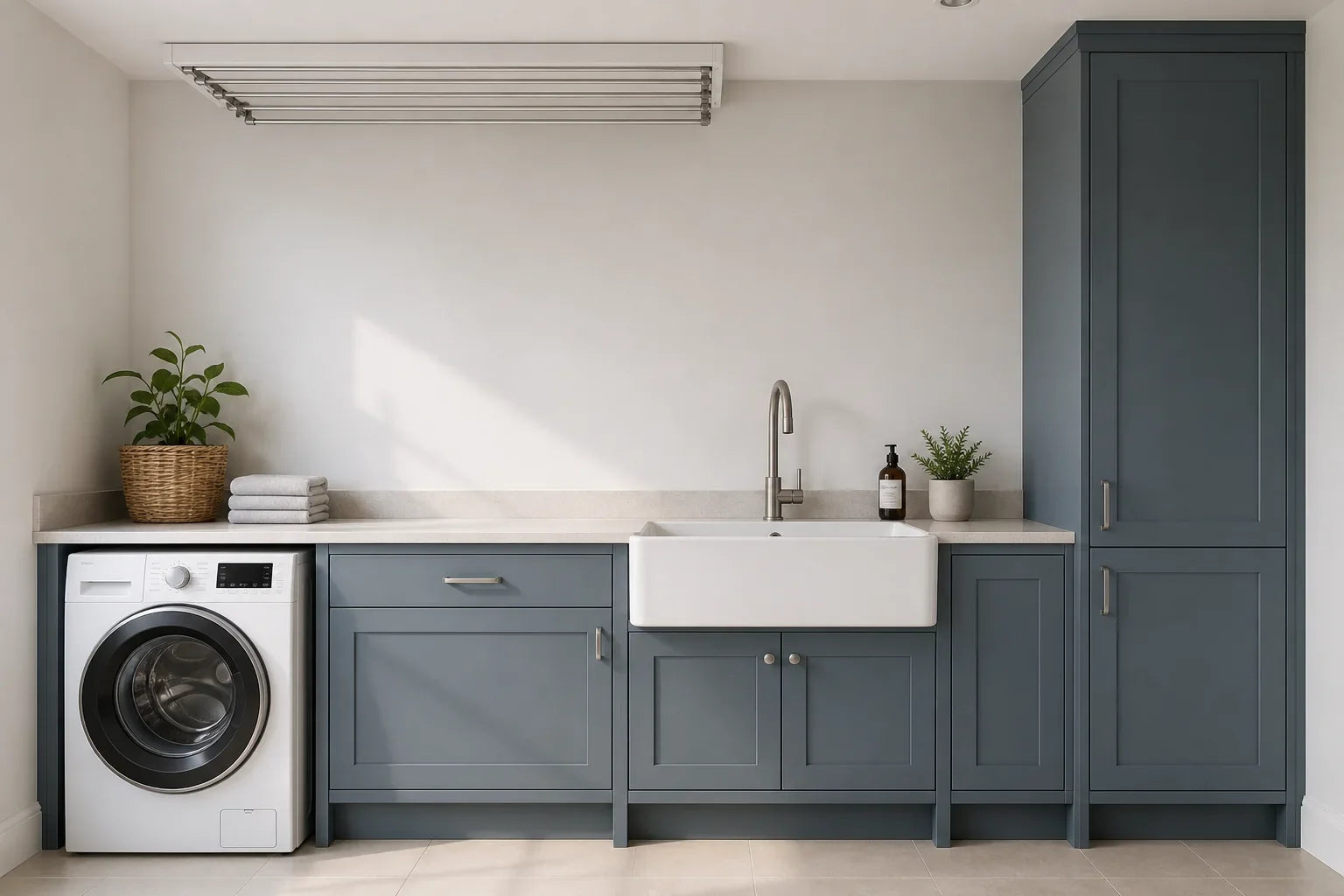 Laundry room layout with a white utility sink, front-load washer, folding counter and raised ceiling drying rack