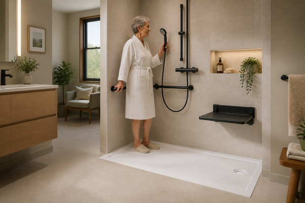 Low-threshold shower base with grab bars and fold-down seat for senior living