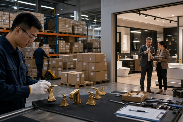 Fixture quality-control bench connecting warehouse supply and showroom selection