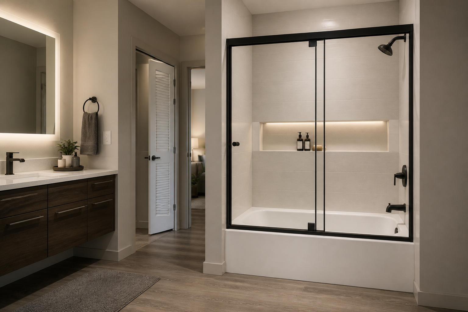 Black-framed sliding glass shower doors installed over an apartment bathtub
