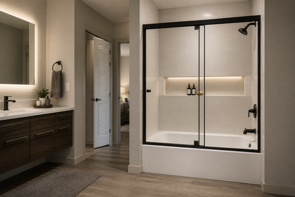 Black-framed sliding glass shower doors installed over an apartment bathtub