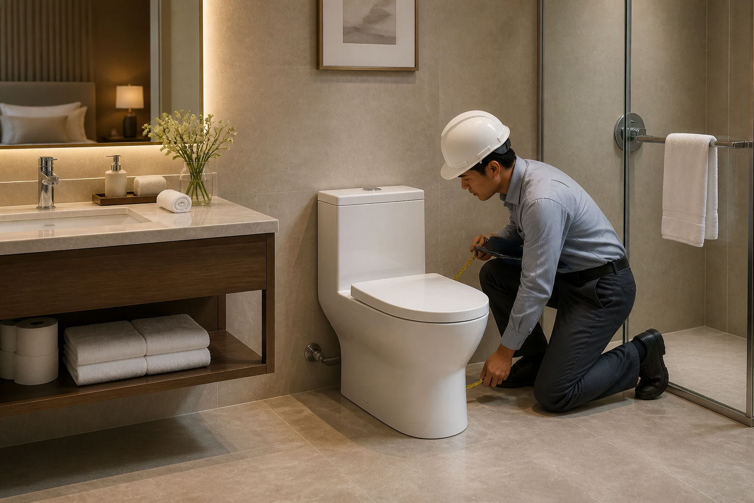 Inspector measuring rough-in clearance for a seamless one-piece hotel toilet