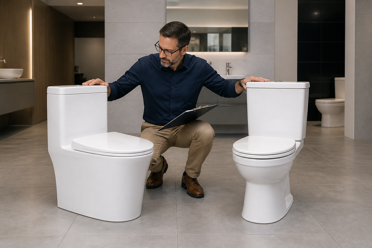 Inspector comparing a seamless one-piece toilet with a two-piece toilet