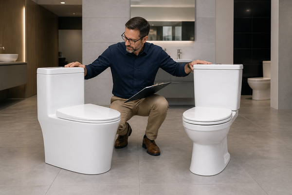 Inspector comparing a seamless one-piece toilet with a two-piece toilet