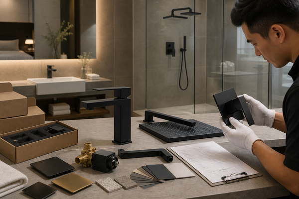 Inspector checking private-label matte-black faucet and shower components