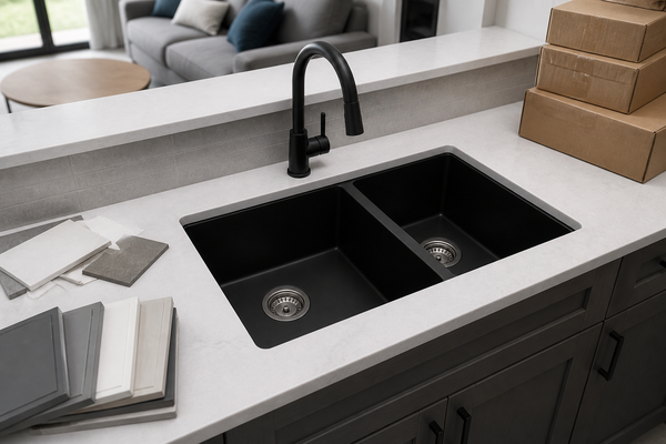 Black double-bowl quartz composite sink installed in an apartment kitchen mock-up