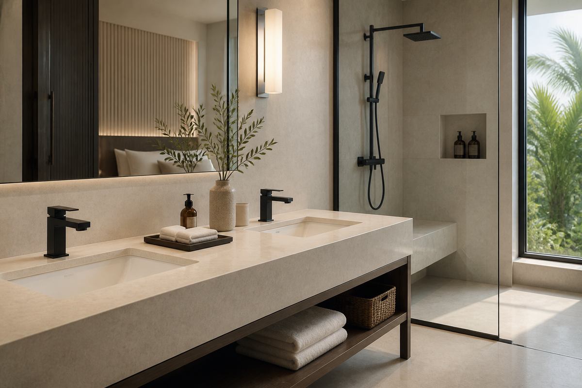 SANIKB fixture package in a hotel project bathroom illustrating Resort Bathroom Fixtures Wholesale: A Cohesive Fixture Spec for Resort Properties