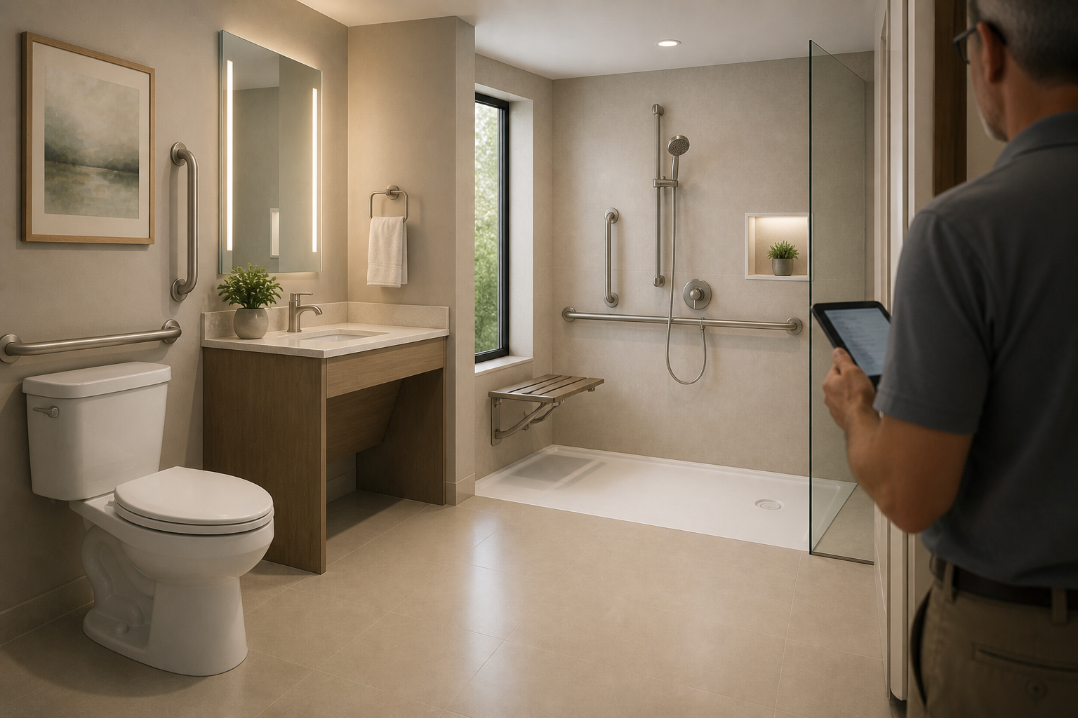 Accessible senior-living bathroom with comfort-height toilet and barrier-free shower