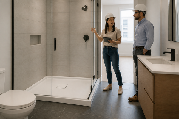 Multifamily bathroom project team inspecting a low-profile white shower base