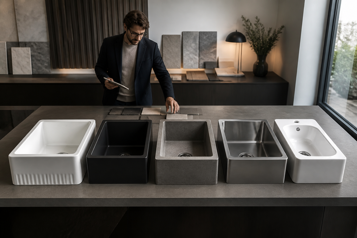 Fireclay, quartz, concrete, stainless steel and ceramic sinks compared in a showroom