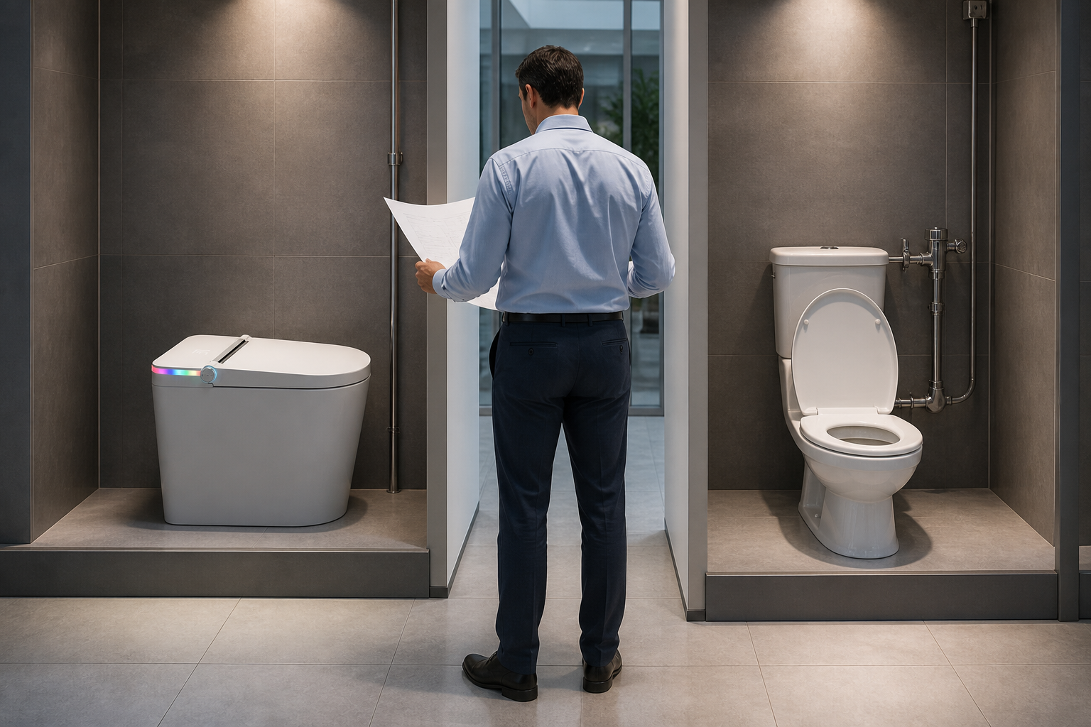 Facilities manager comparing a SANIKB U5 smart toilet with a traditional office toilet
