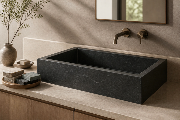 Dark matte soapstone sink with subtle mineral veining and stone alternatives