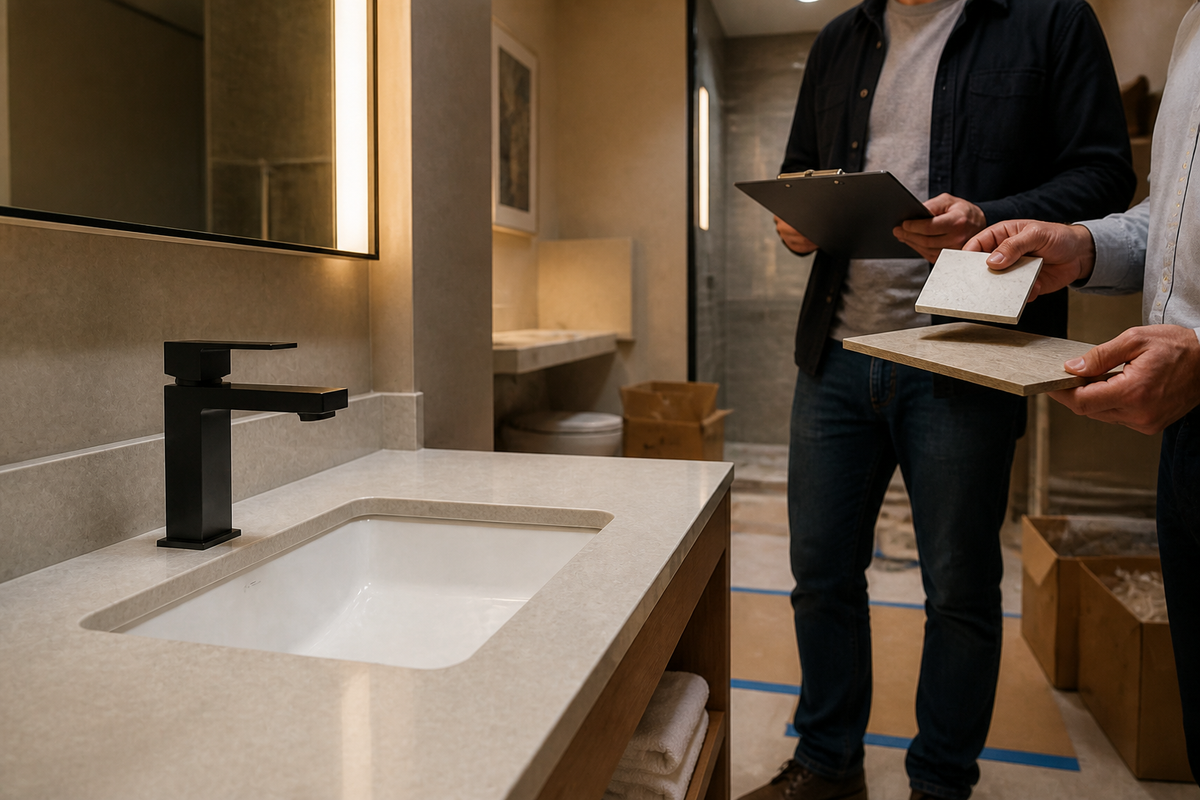 SANIKB FYF-01075 faucet reviewed during a hotel bathroom renovation walkthrough