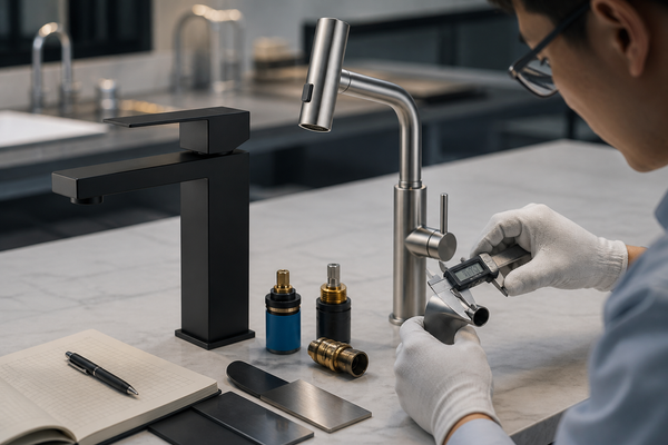 Inspector comparing faucet construction, cartridges and metal thickness