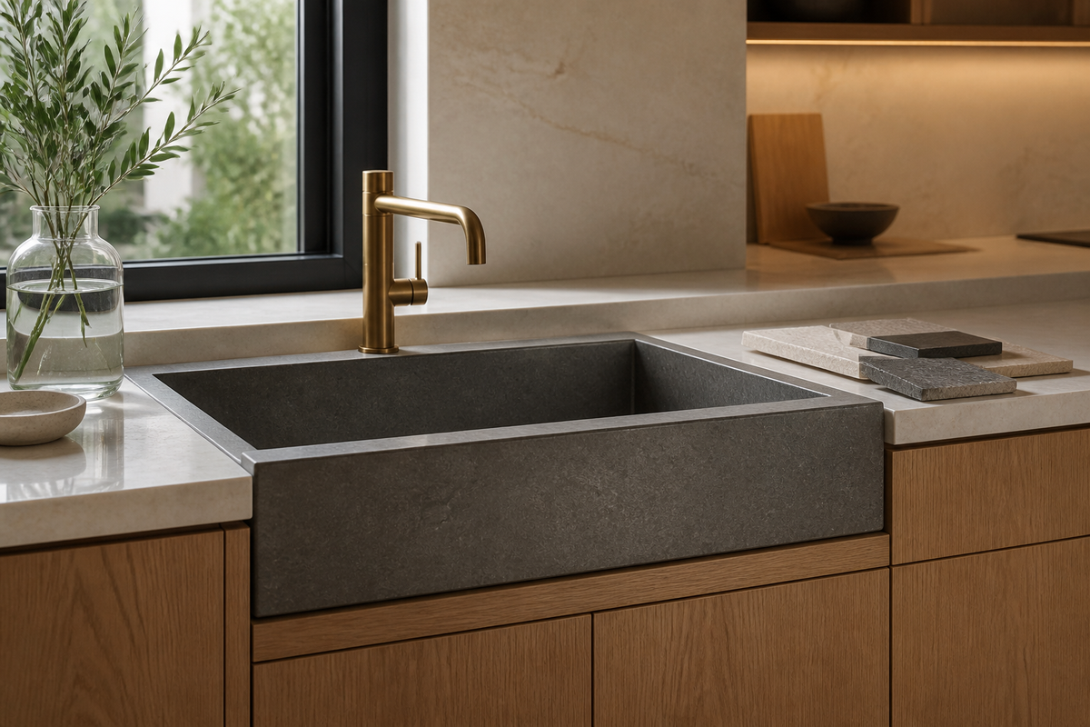 Dark natural-stone apron sink installed in a modern kitchen with material samples