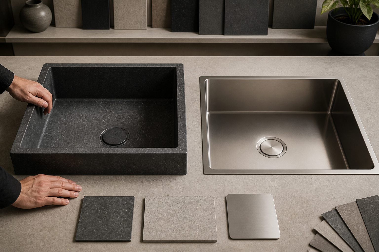 Natural-stone and stainless-steel kitchen sinks compared side by side