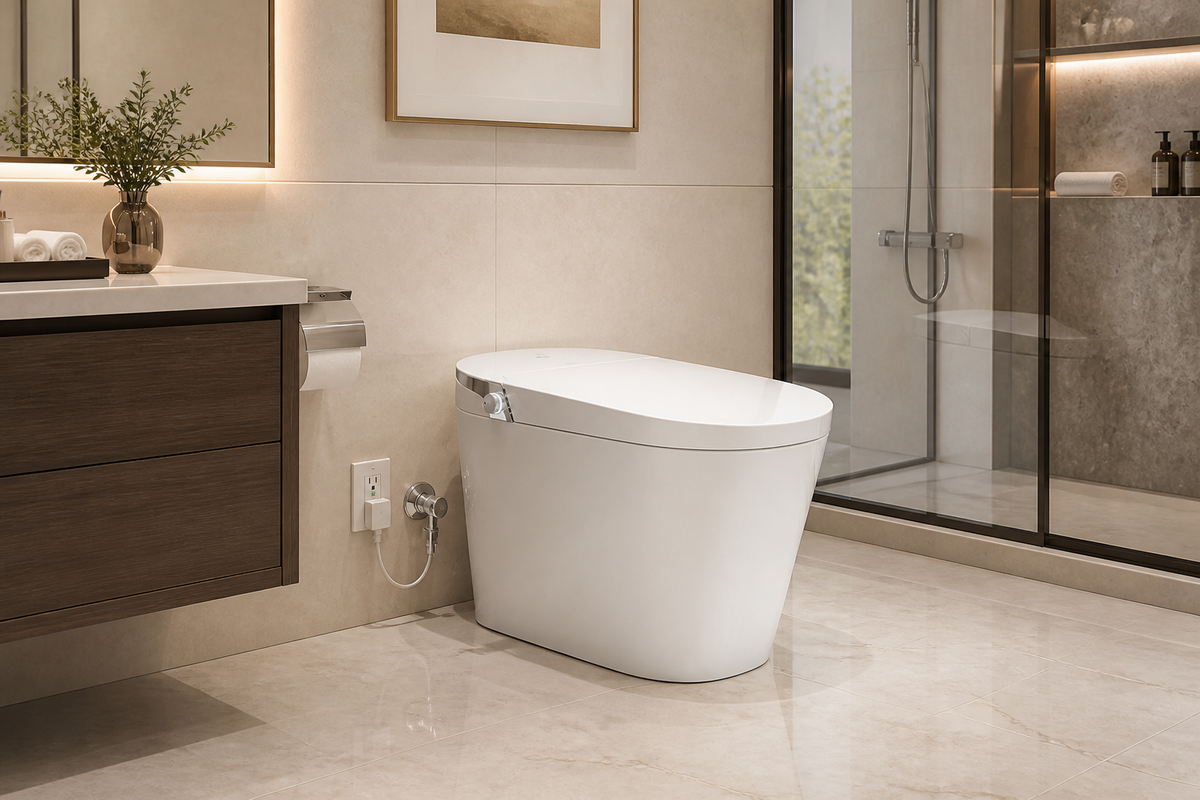 Tankless bidet toilet with power outlet and water connection in a hotel bathroom