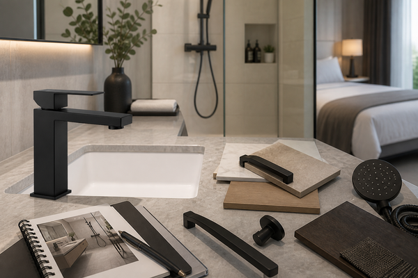 SANIKB FYF-01075 faucet and coordinated samples in a hotel bathroom mock-up