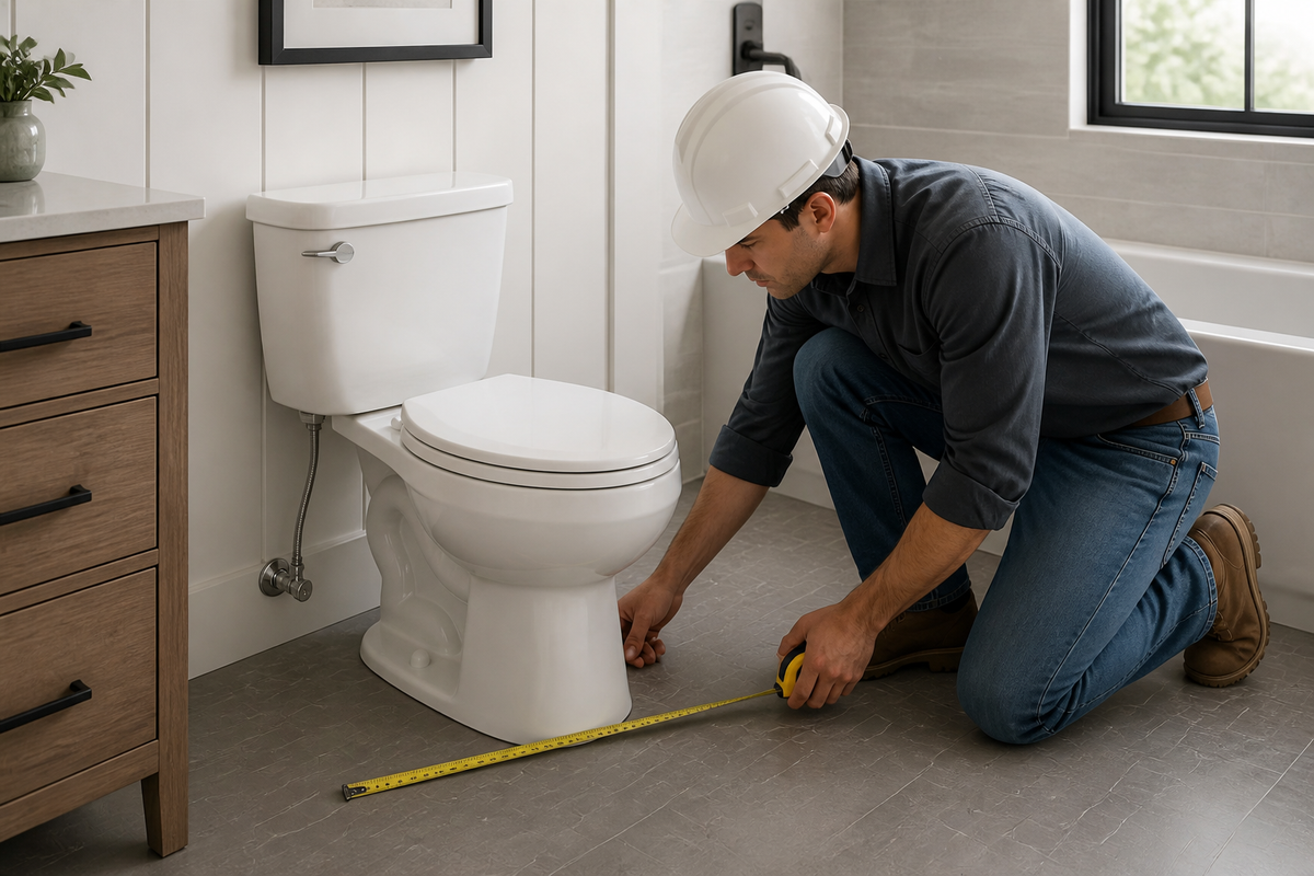 Contractor checking installation clearance around a two-piece apartment toilet