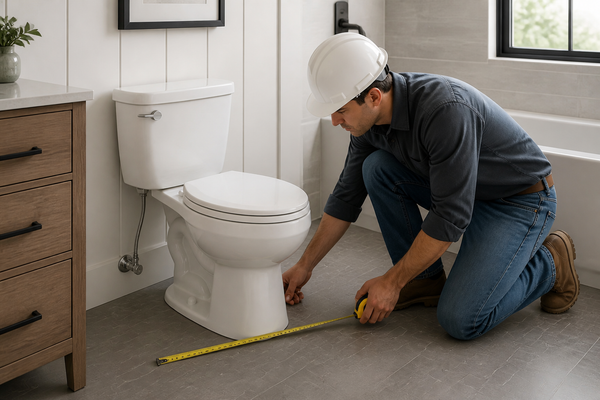Contractor checking installation clearance around a two-piece apartment toilet