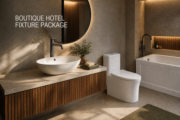 Warm boutique-hotel bathroom with a tall dark faucet, oval vessel basin, compact skirted toilet, and white apron-front tub.