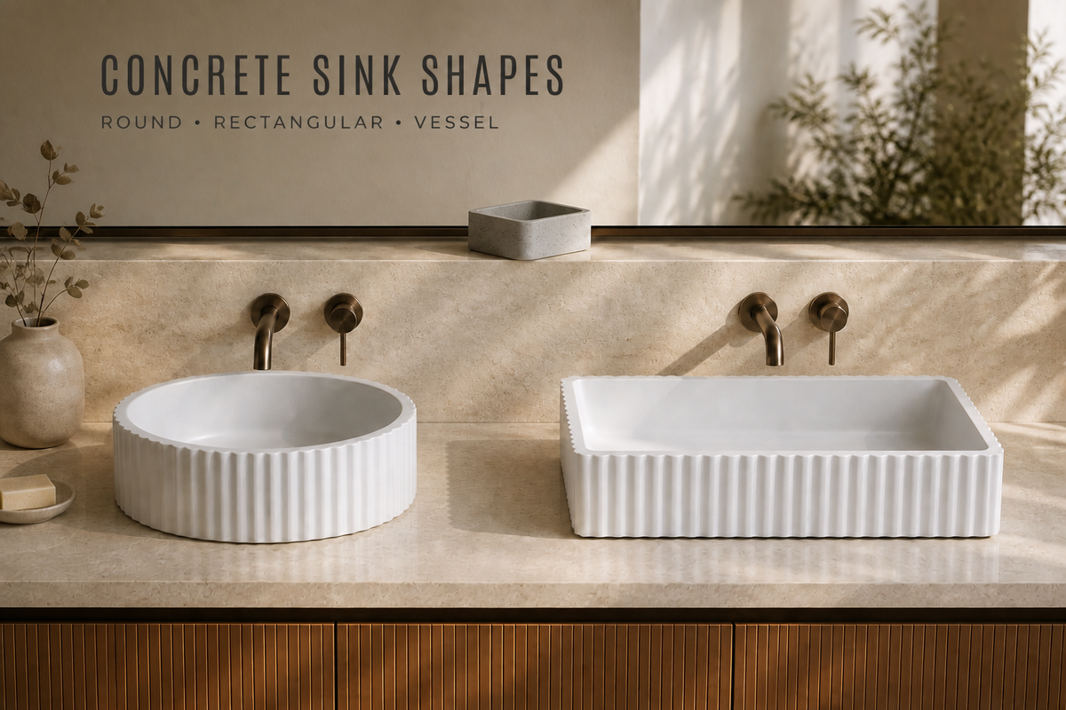 Round and rectangular fluted concrete vessel sinks installed side by side on a stone vanity, with a small square sample block above.