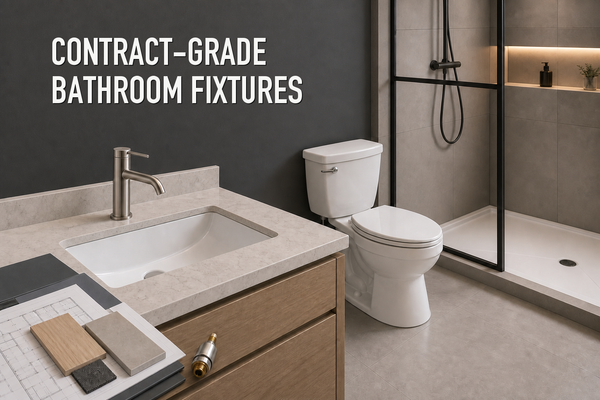 Commercial bathroom sample-room scene with a single-hole faucet, undermount basin, two-piece toilet, glass shower, finish samples, specification sheets, and a spare cartridge.