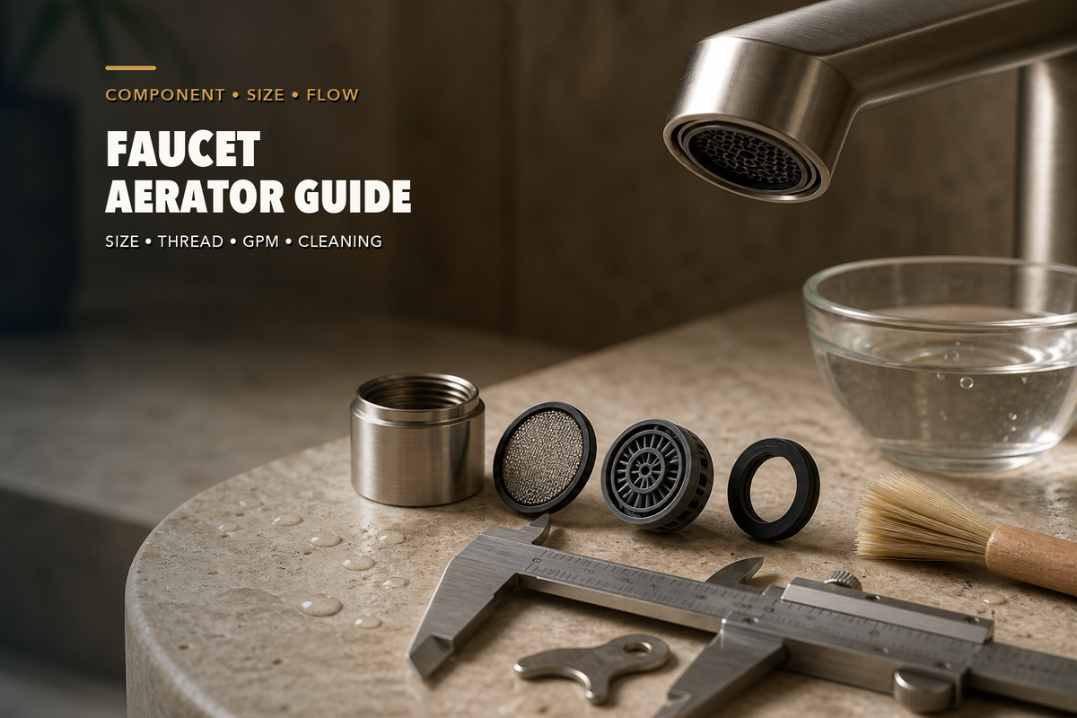 Faucet outlet above a disassembled aerator housing, mesh screen, flow insert, washer, caliper, aerator key, cleaning brush, and glass bowl on a stone counter.