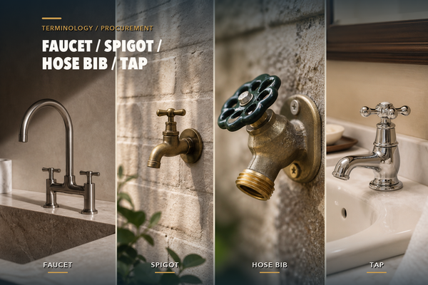 Four-panel photographic comparison labeled Faucet, Spigot, Hose Bib, and Tap, showing an indoor mixer, two exterior valves, and an indoor basin tap.