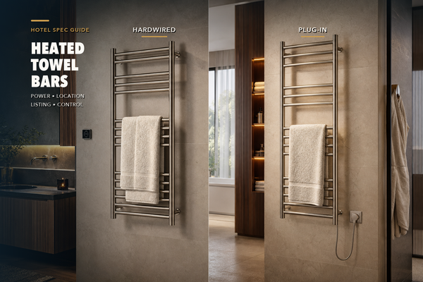 Hotel-bathroom split view labeled Hardwired and Plug-In, showing two ladder-style heated towel rails; the plug-in rail has a visible cord and wall outlet.